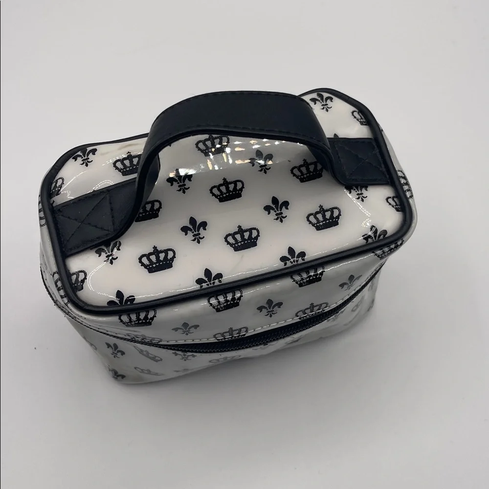 CROWN AND FLEUR-DE-LIS PRINT COSMETIC BAG WITH HANDLE ZIP CASE